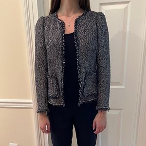 Rebecca Taylor Fringe Trim Navy Tweed Blazer